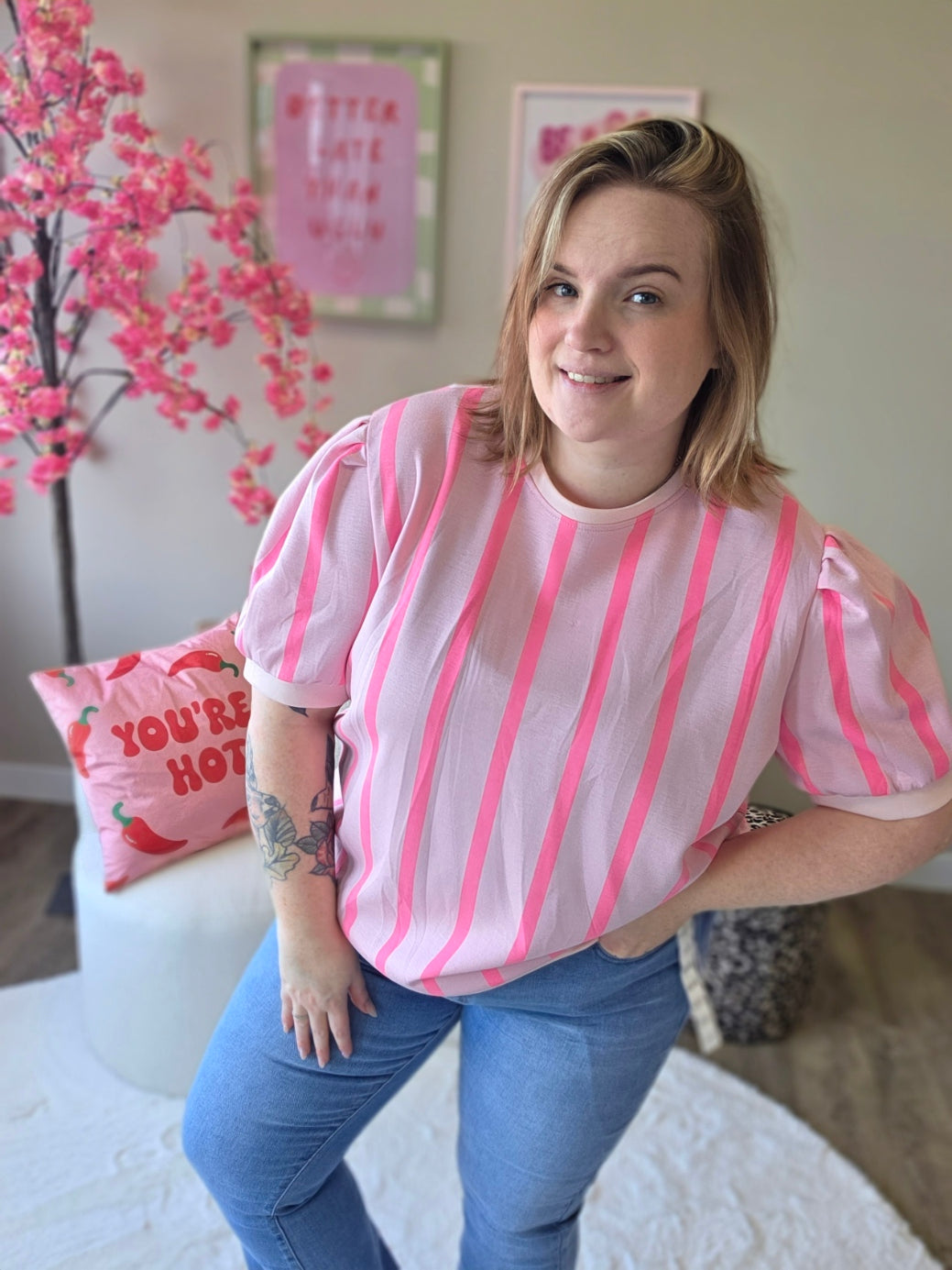 Streepjes T-shirts met pof mouw (in 4 kleuren)