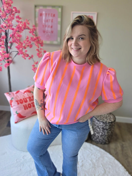 Streepjes T-shirts met pof mouw (in 4 kleuren)