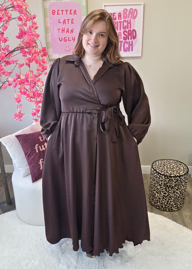 Satin look wikkeljurk lang (In 5 kleuren)