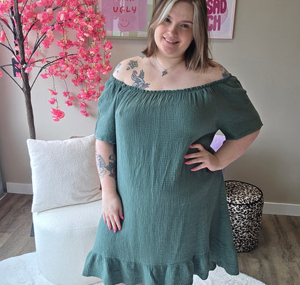 Wafel katoen off-shoulder jurk (In 4 kleuren)