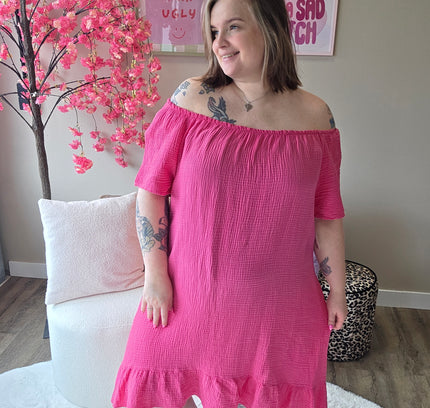 Wafel katoen off-shoulder jurk (In 4 kleuren)