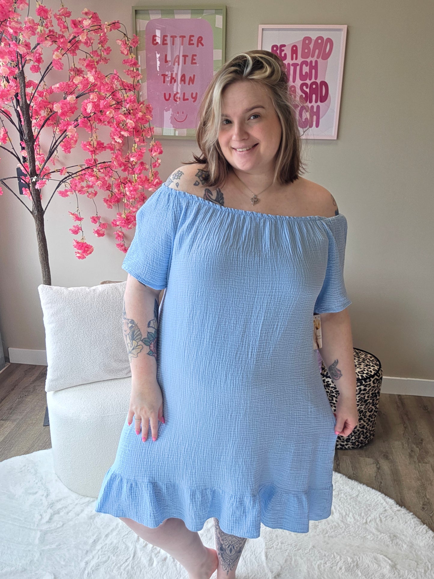 Wafel katoen off-shoulder jurk (In 4 kleuren)
