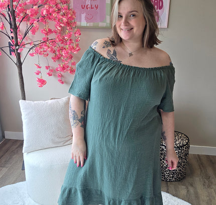 Wafel katoen off-shoulder jurk (In 4 kleuren)